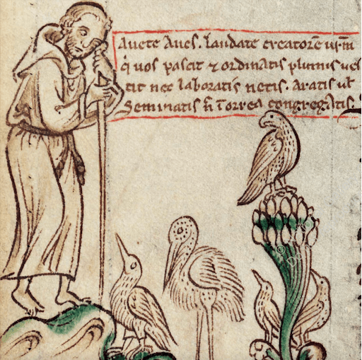 Matthew Paris, “St. Francis Preaching to the Birds,” Corpus Christi College, Cambridge, Chronica Maira, c. 1250.
