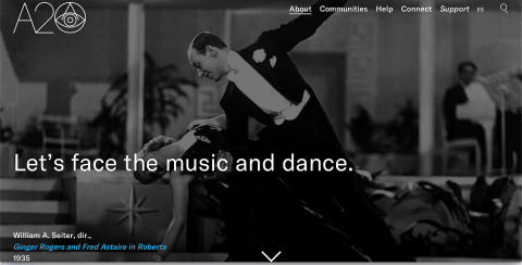 Screenshot of our partners page header from our website showing Astaire and Rogers in a movie, dancing.
