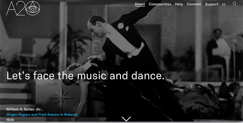 Captura de pantalla de la cabecera de la página de socios de nuestro sitio web, en la que aparecen Astaire y Rogers bailando en una película.