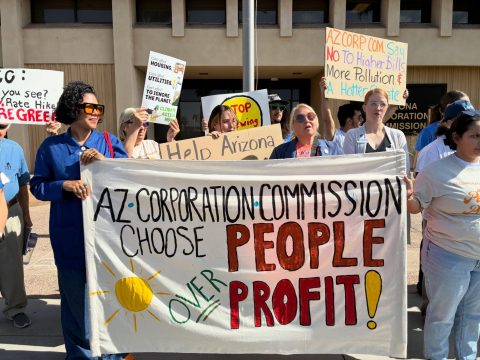 Sierra Club Arizona at a protest against rate hikes outside Arizona’s corporation commission in May 2026. Photo: courtesy of Sierra Club Arizona.
