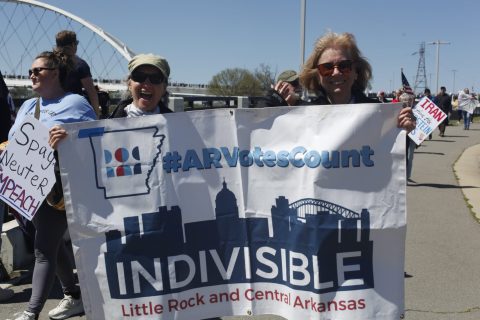 Indivisible Little Rock & Central Arkansas volunteers help lead the March 2026 No Kings 3 march. Photo: courtesy of the organization.